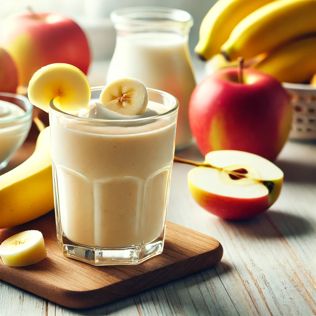 A clear glass filled with a creamy apple banana smoothie, garnished with a slice of apple and a piece of banana on the rim. The background features fresh apples, bananas, and a small bowl of yogurt, all placed on a light wooden countertop. The scene is brightly lit, emphasizing freshness and a clean, inviting aesthetic.